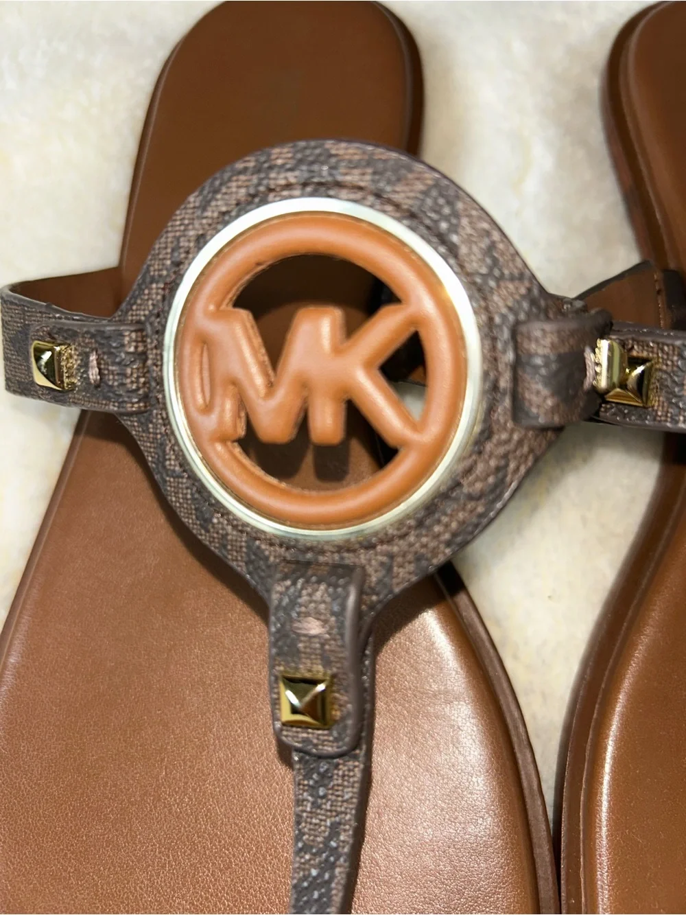 Michael Kors Brown and Dark Brown MK Logo Thong Sandals Size 10